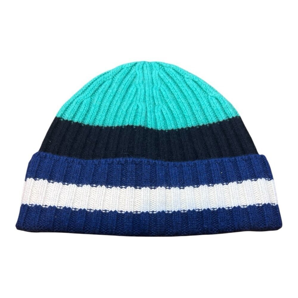 EVERLANE Unisex Striped Cashmere Ribbed Knit Beanie O/S Navy Green White NWT